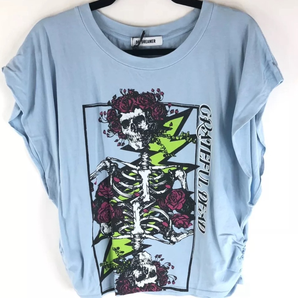Daydreamer Womens T Shirt Grateful Dead Bertha Skull Ruched Blue, size M